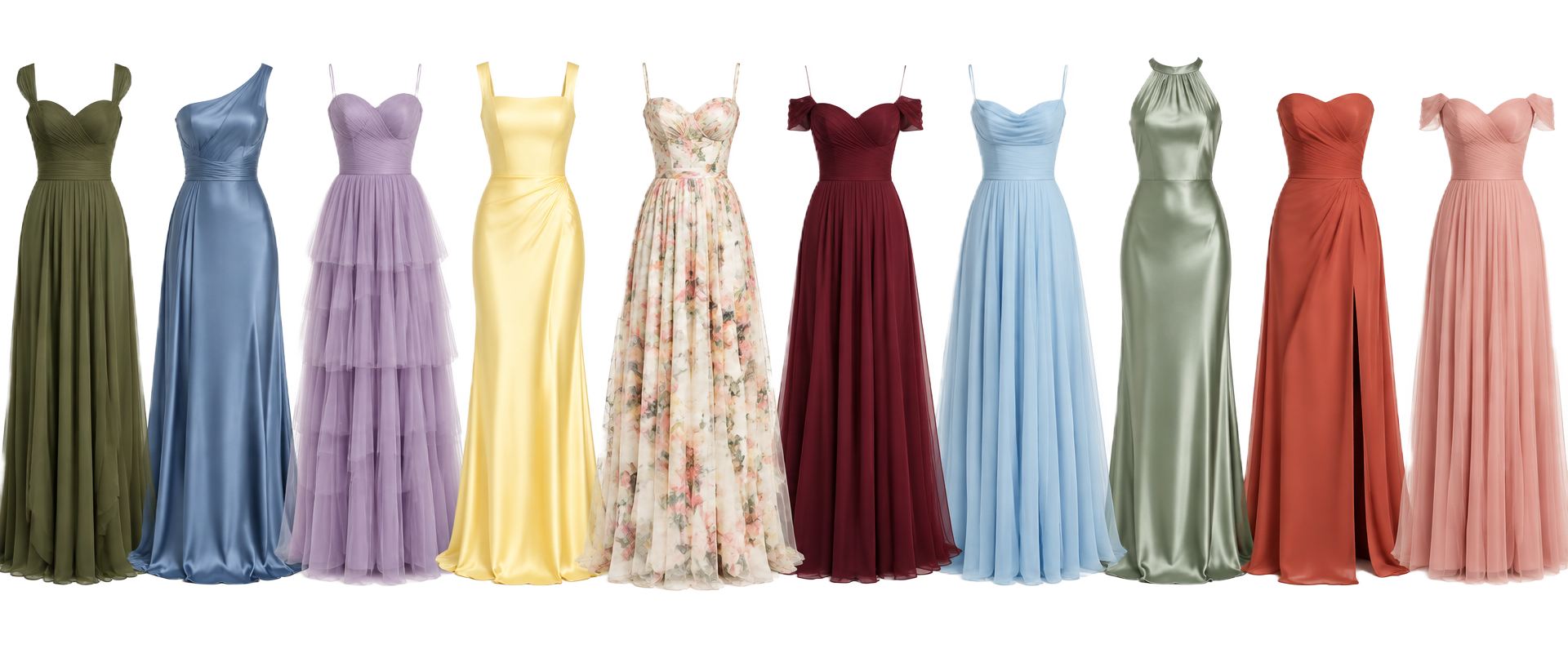 A row of formal maxi dresses in a variety of garden colors