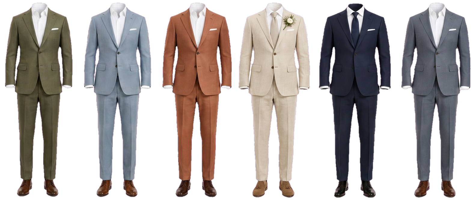A row of formal suits in green, blue, terracotta, linen, and navy